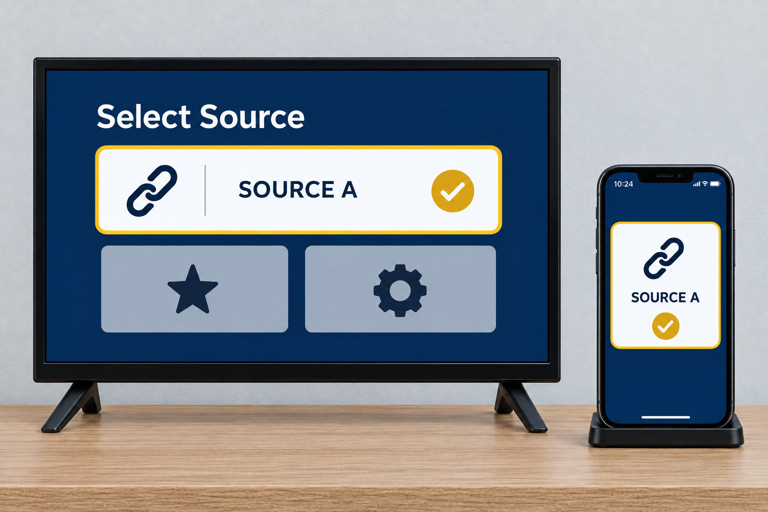 AI-generated conceptual illustration: matching source cards on a TV and phone, without a complete settings transfer.