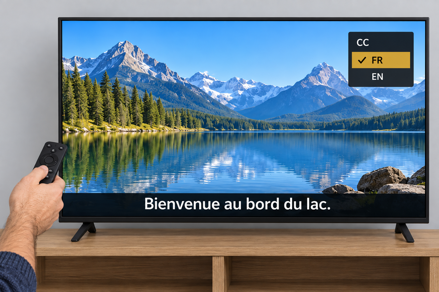 AI-generated conceptual illustration: hand holding a remote in front of a TV displaying a landscape, a subtitle and the FR selection.