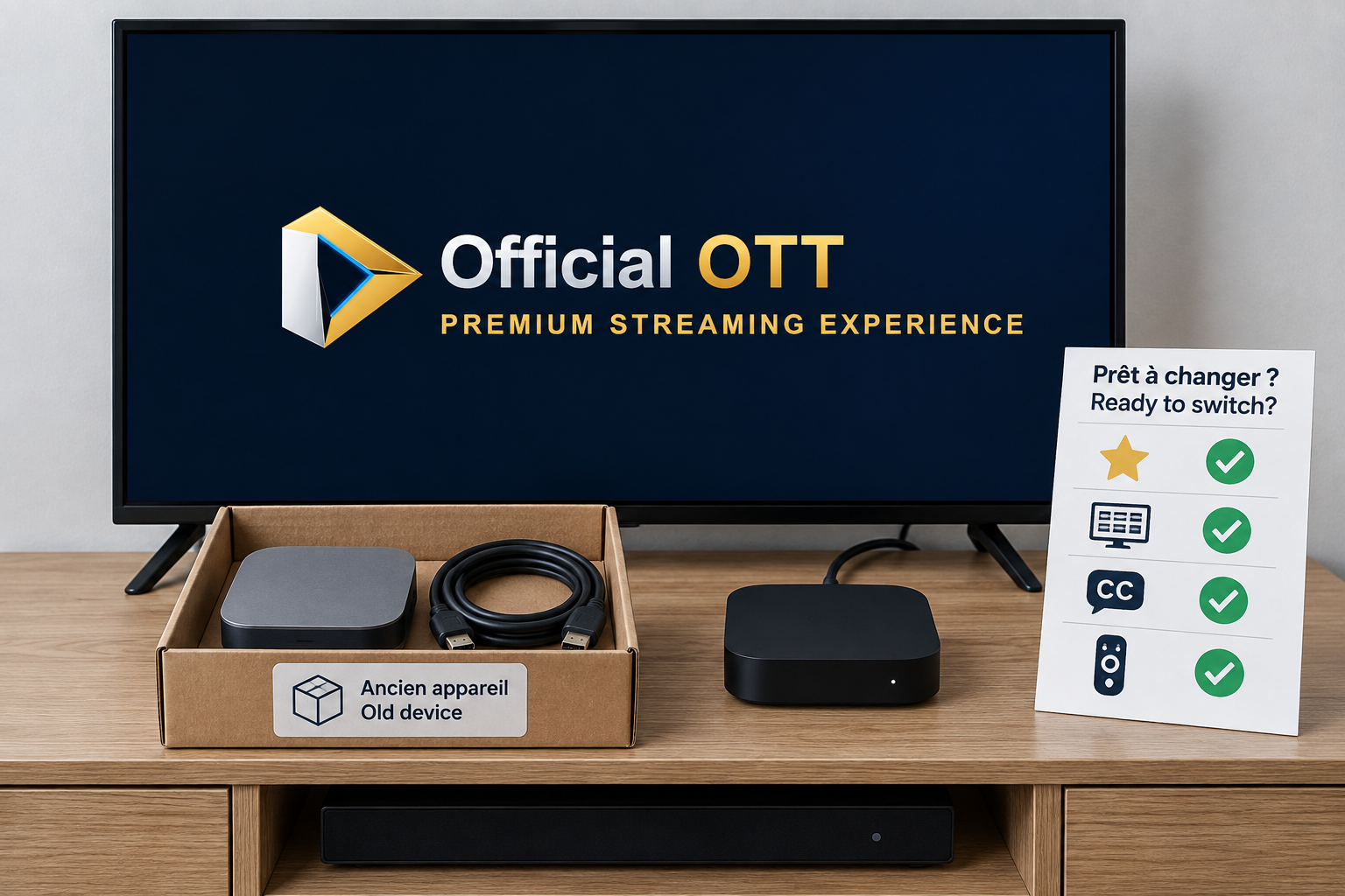 AI-generated conceptual illustration: old device kept in a box, completed checklist and TV displaying the OfficialOTT logo.