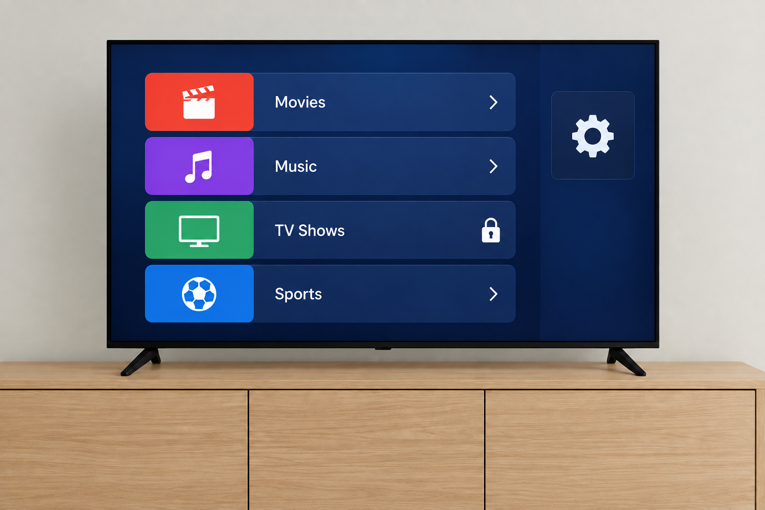AI-generated conceptual illustration: IPTV player with one locked category and separate settings.