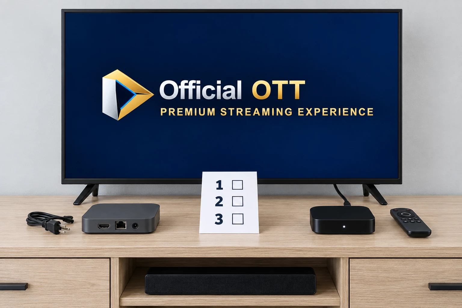 AI-generated conceptual illustration: two different streaming boxes, a blank checklist and the OfficialOTT logo on the TV.