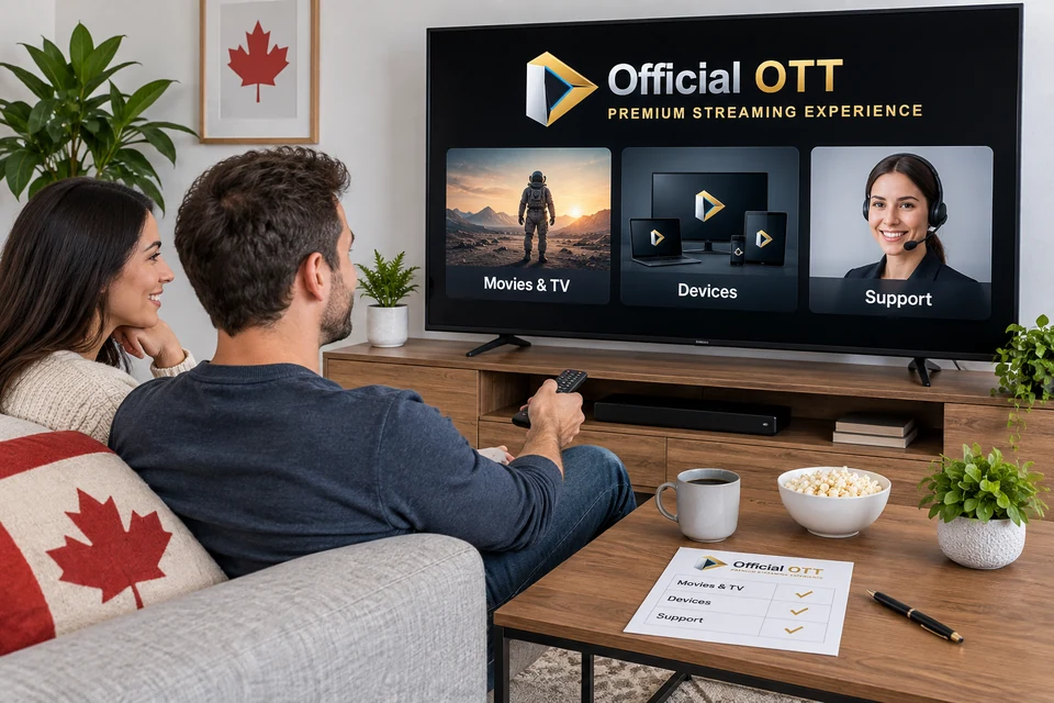AI-generated conceptual illustration: two adults compare programmes, devices and support on a TV with the OfficialOTT logo.