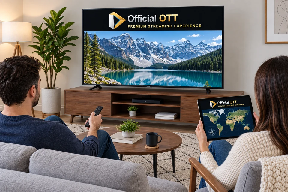 AI-generated conceptual illustration: two people use a TV showing a landscape and a tablet showing a map, each with the OfficialOTT logo.