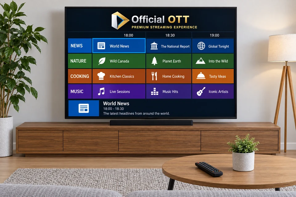 AI-generated conceptual illustration: a TV EPG with four channel rows, 18:00, 18:30 and 19:00 columns, and selected-programme details.