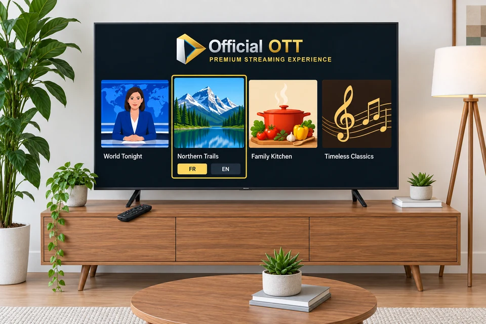 AI-generated conceptual illustration: four illustrated programme categories on a TV, with FR and EN audio choices.