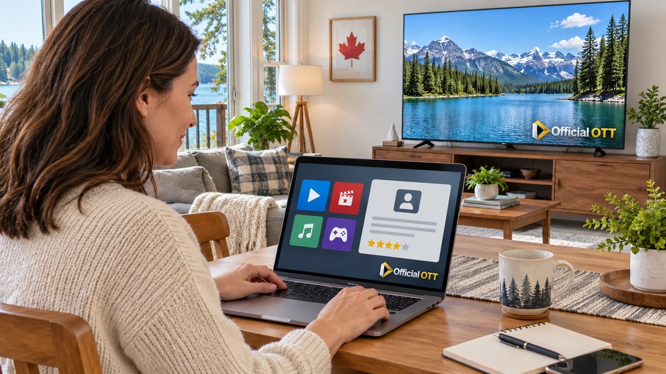 A person reviews app information on a laptop beside a television.
