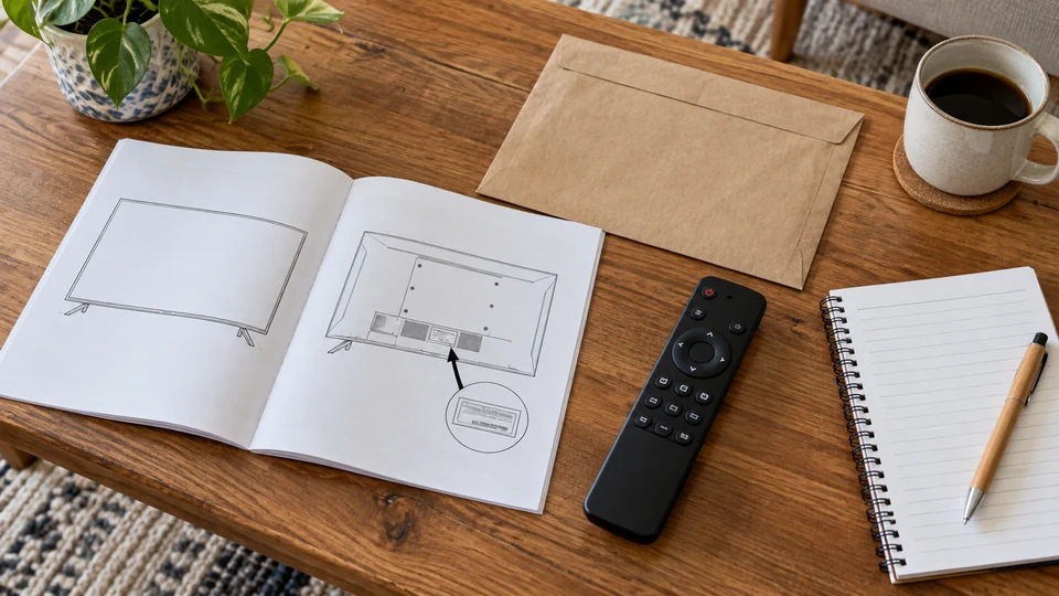 An illustrated manual, remote and notebook for recording a television model.
