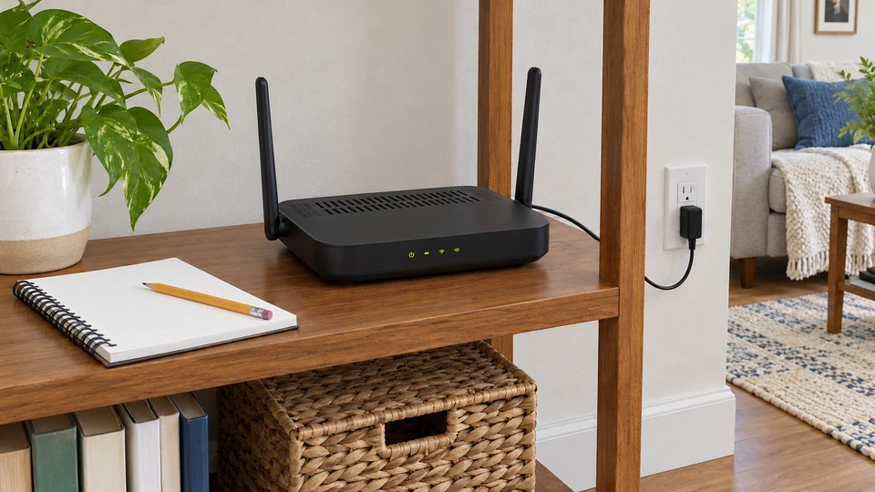 A router on an open shelf with a notebook for recording observations.