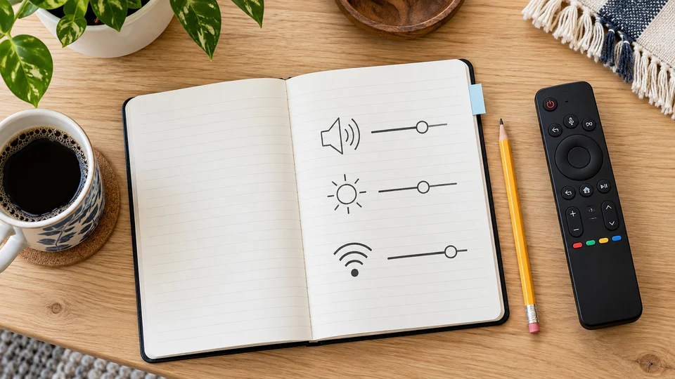 A notebook represents sound, picture and network settings beside a remote.