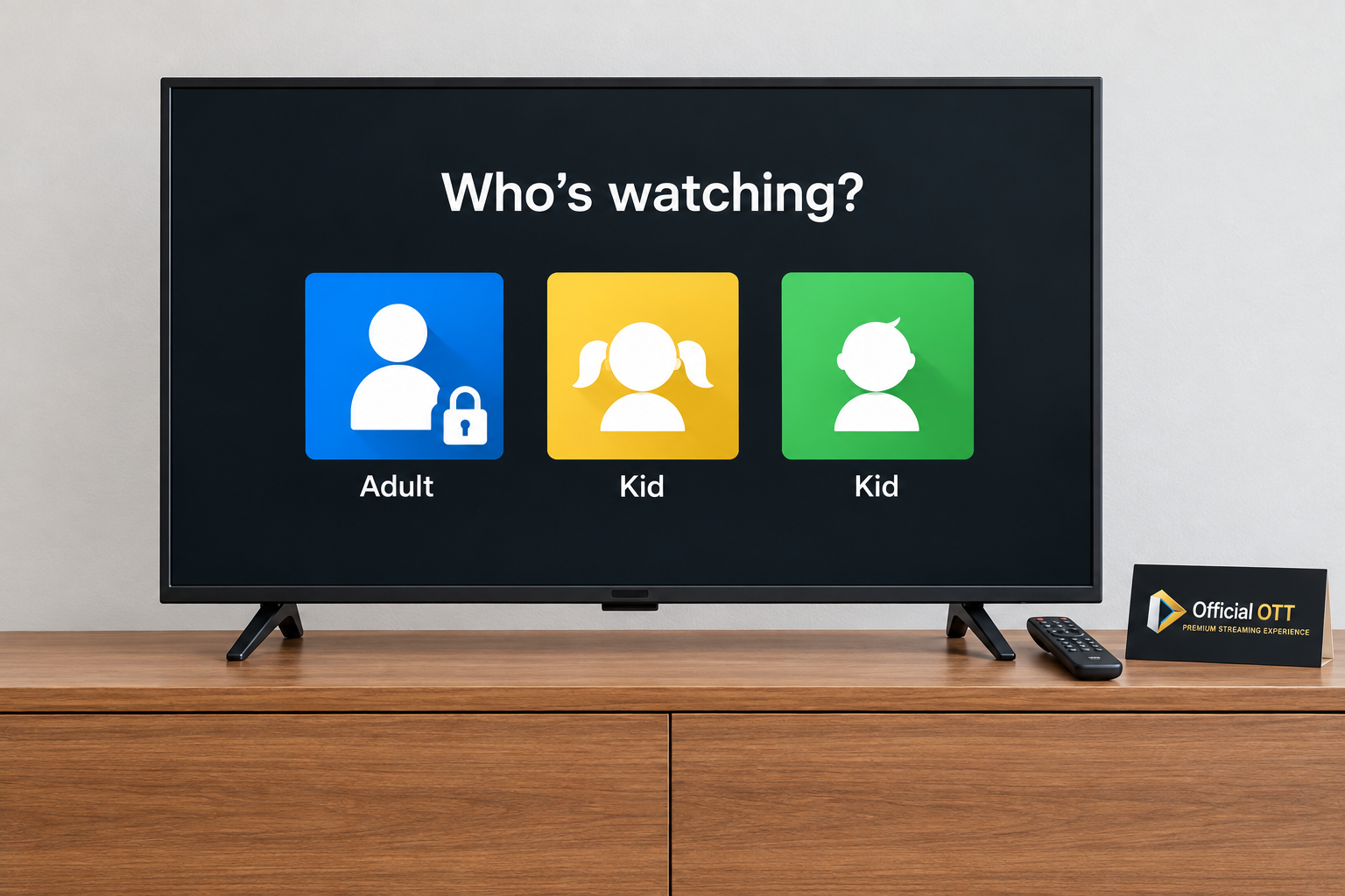 AI-generated conceptual illustration: TV showing profiles, including a locked adult profile.