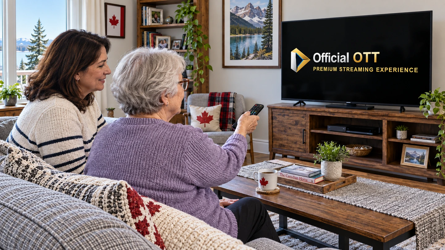 Une personne âgée tient la télécommande devant un téléviseur au logo OfficialOTT, accompagnée d’un proche.