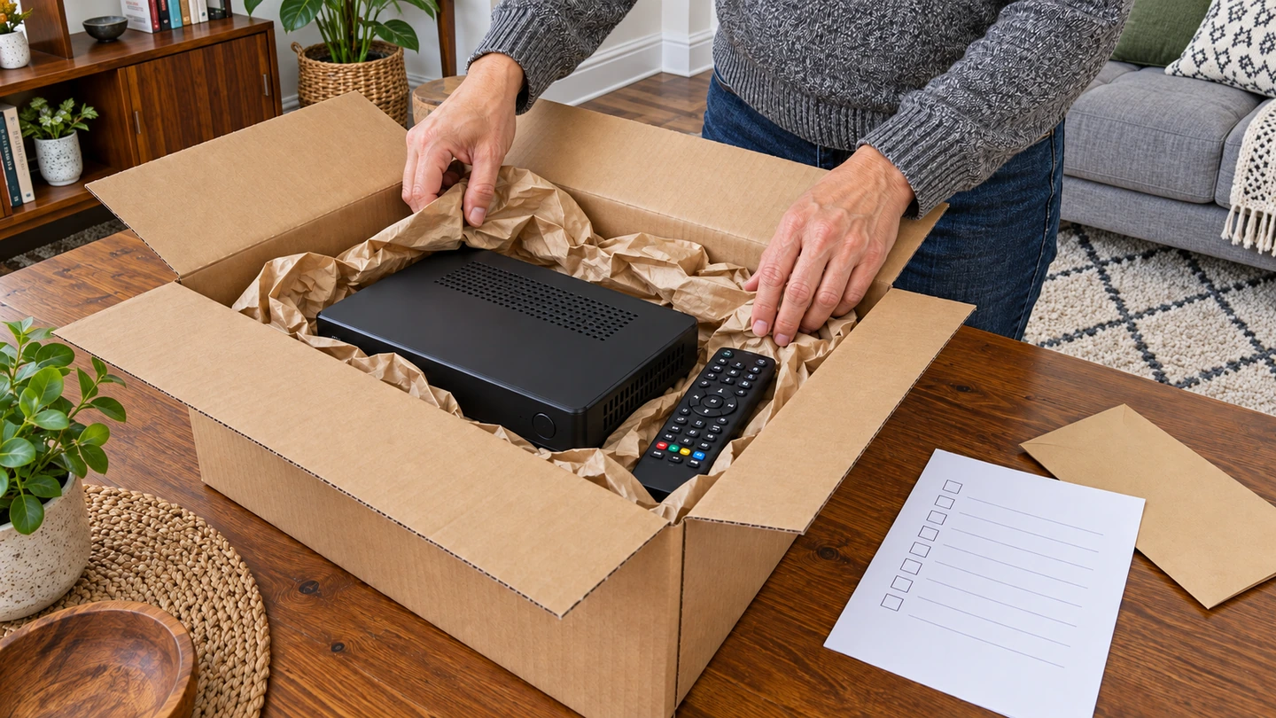 Des mains préparent un récepteur TV et sa télécommande dans un carton avec du papier de protection.