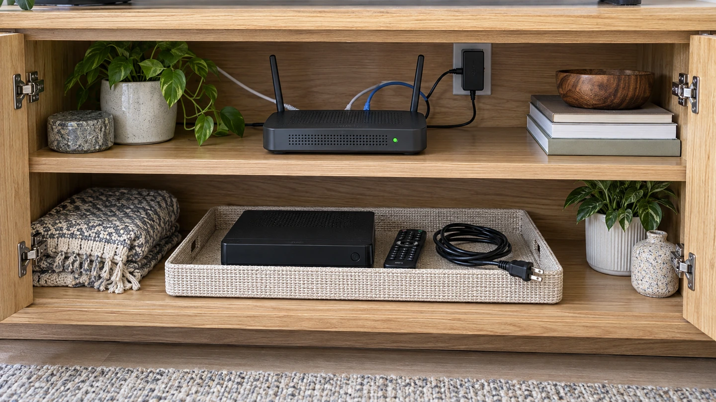 Un routeur connecté et un récepteur TV débranché avec sa télécommande occupent deux étagères distinctes.