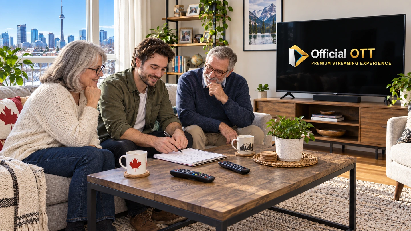 Trois adultes discutent près d’un carnet et de télécommandes, avec un téléviseur au logo OfficialOTT.