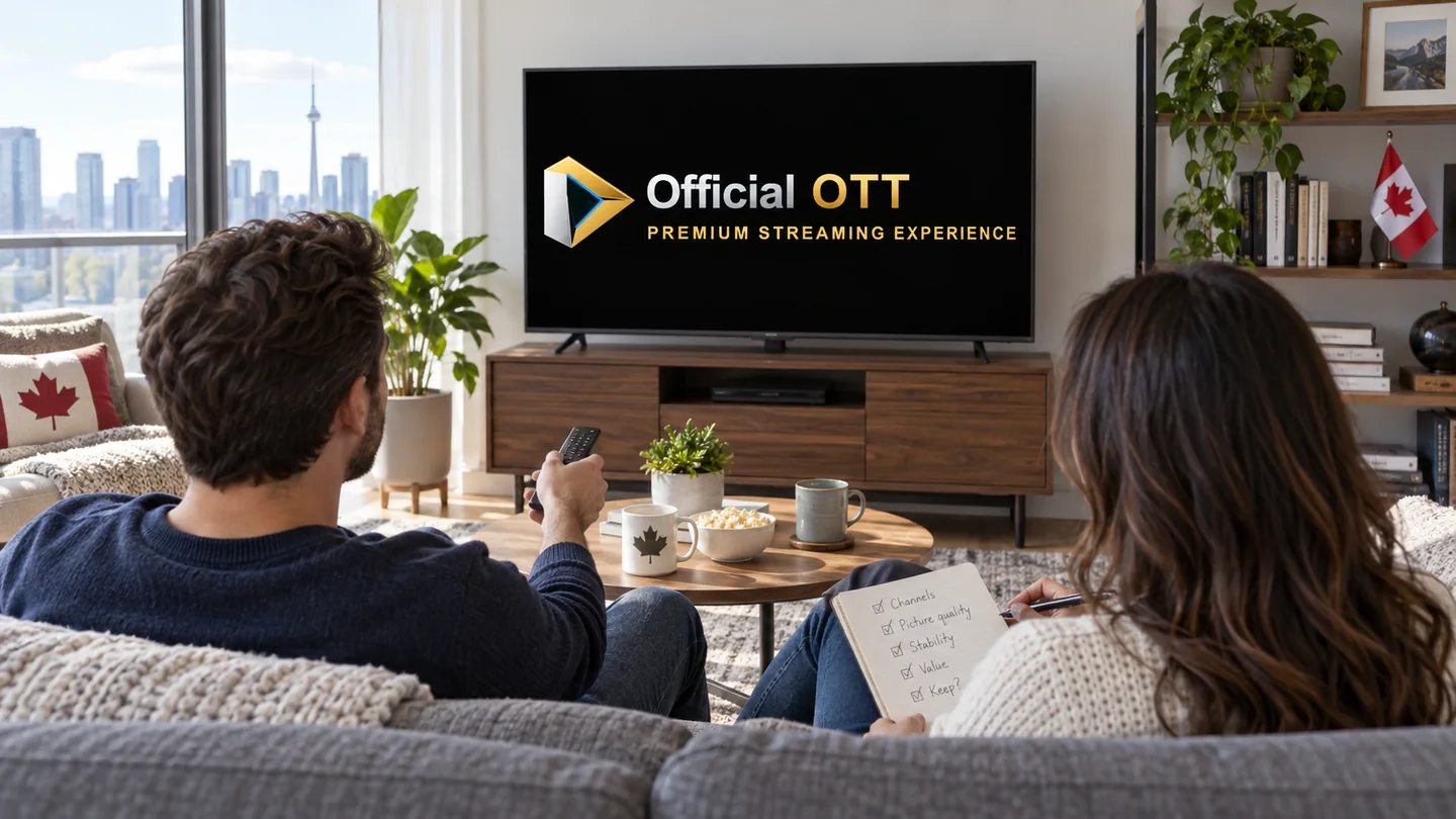 Couple preparing a television trial in a living room.