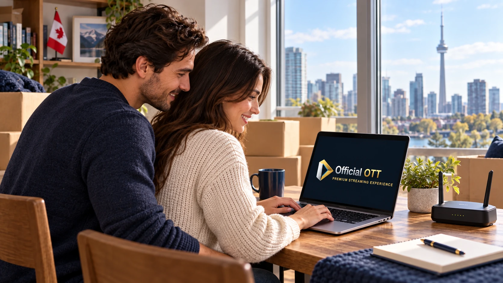 Two adults, seen from a three-quarter angle, use a laptop facing them among moving boxes in a Toronto apartment.