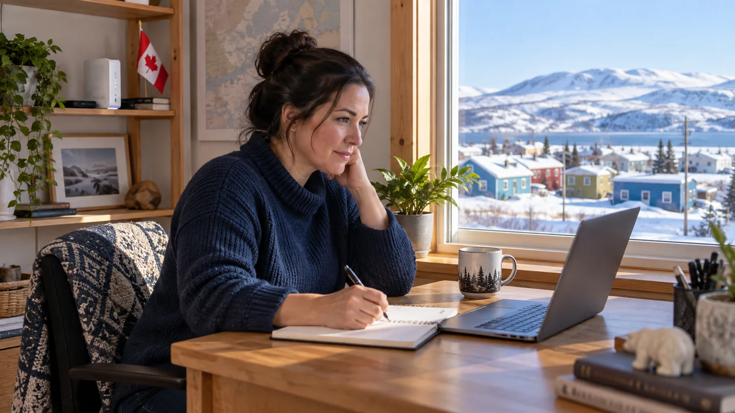 A person prepares Internet usage in a home overlooking a snowy community.