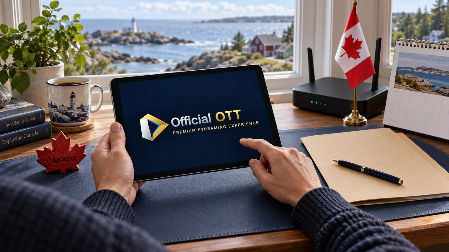 A tablet with the authentic OfficialOTT logo beside a folder and calendar.