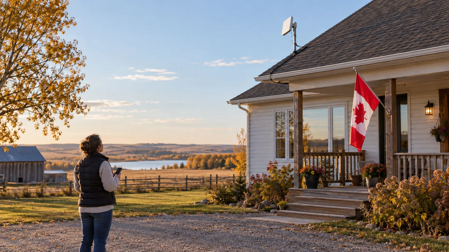 A rural house with an outdoor receiver and a resident using a phone.