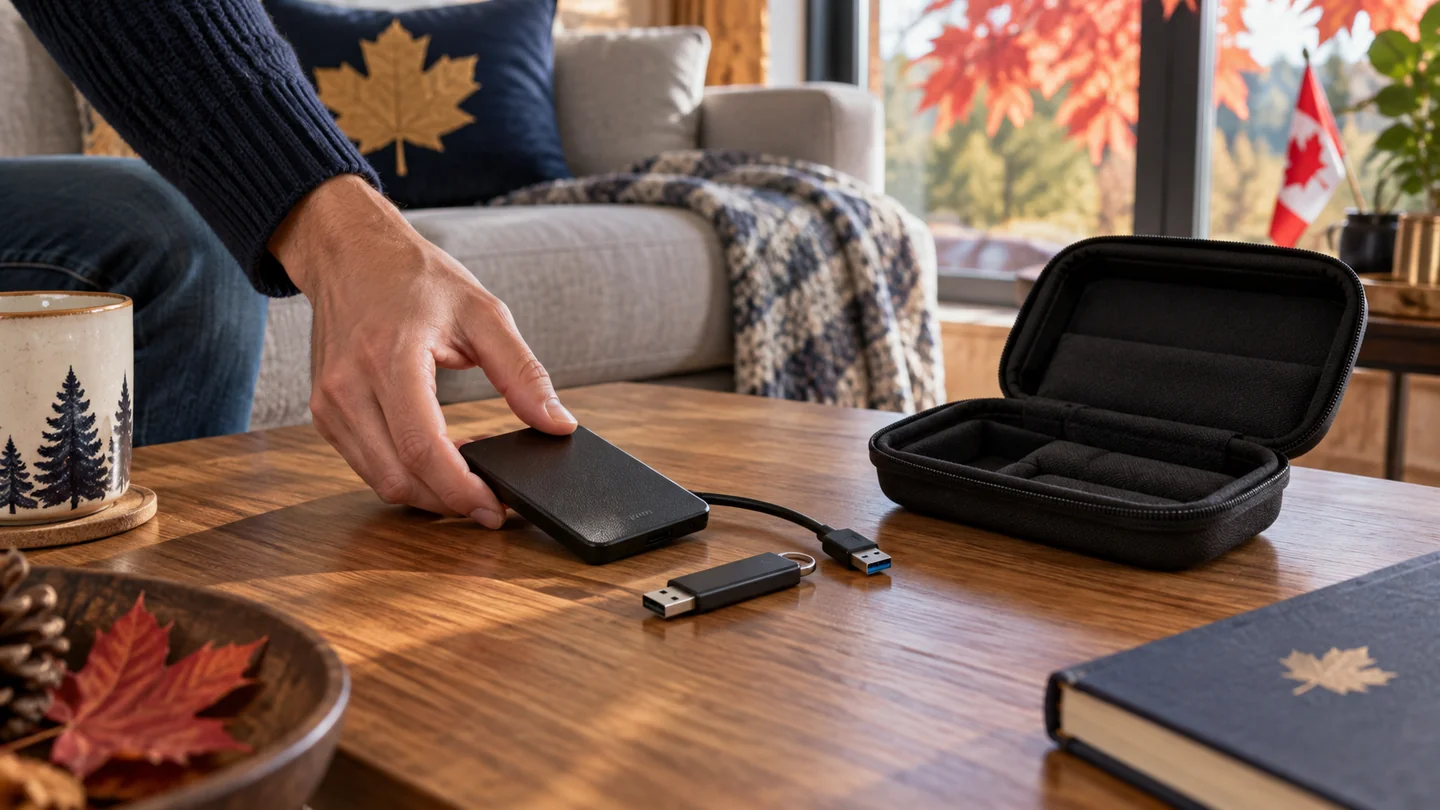 Une main dépose un SSD externe près d’une clé USB et d’une pochette de rangement.