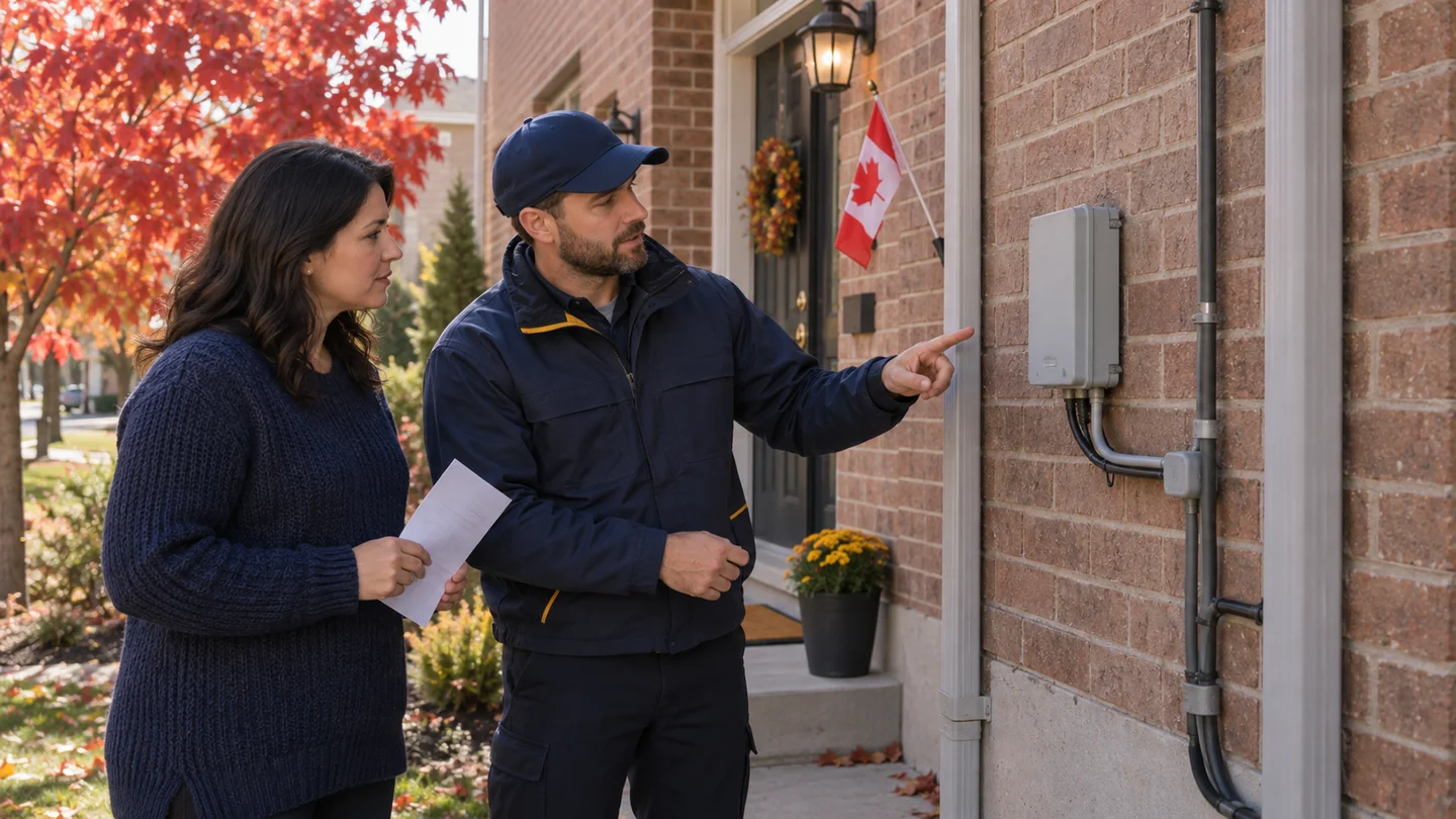 Une résidente et un technicien examinent un boîtier de raccordement fermé sur une maison canadienne.