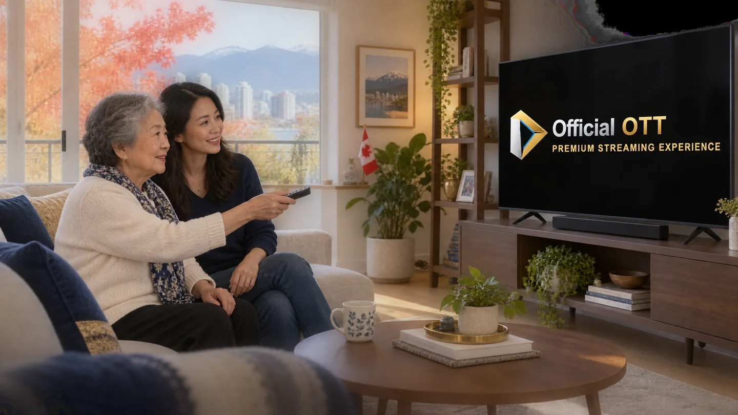 Two adults learn to use a remote in front of a television displaying the OfficialOTT logo.