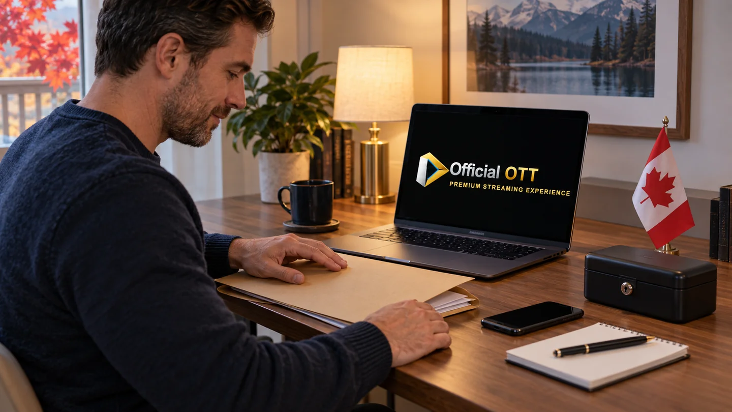 An adult puts away a paper folder beside an OfficialOTT laptop and a closed lockbox.