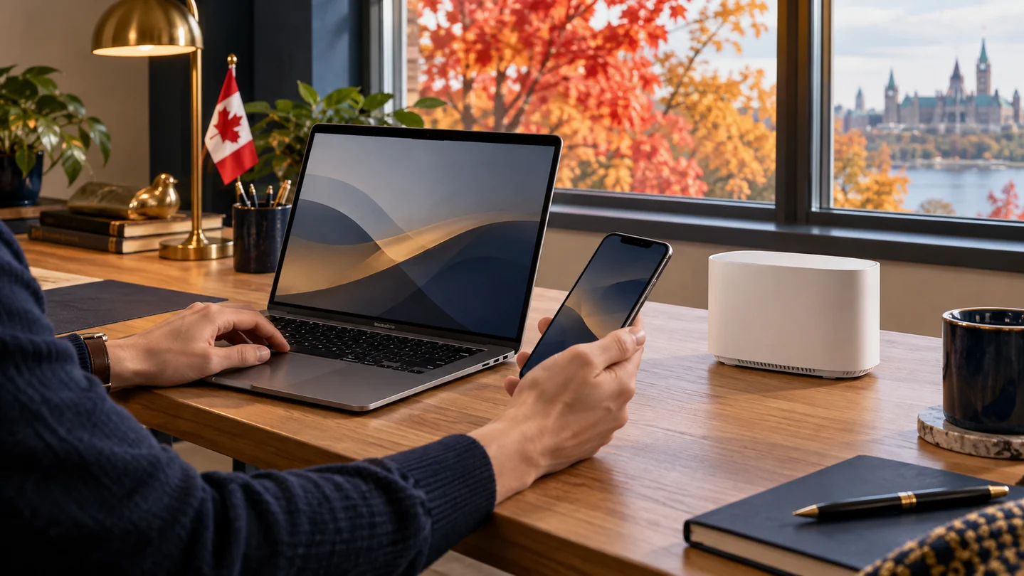 A computer and phone beside a router in a Canadian home office.