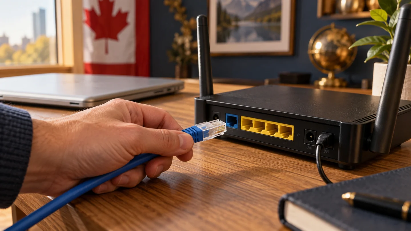 An Ethernet cable beside the ports on a router.