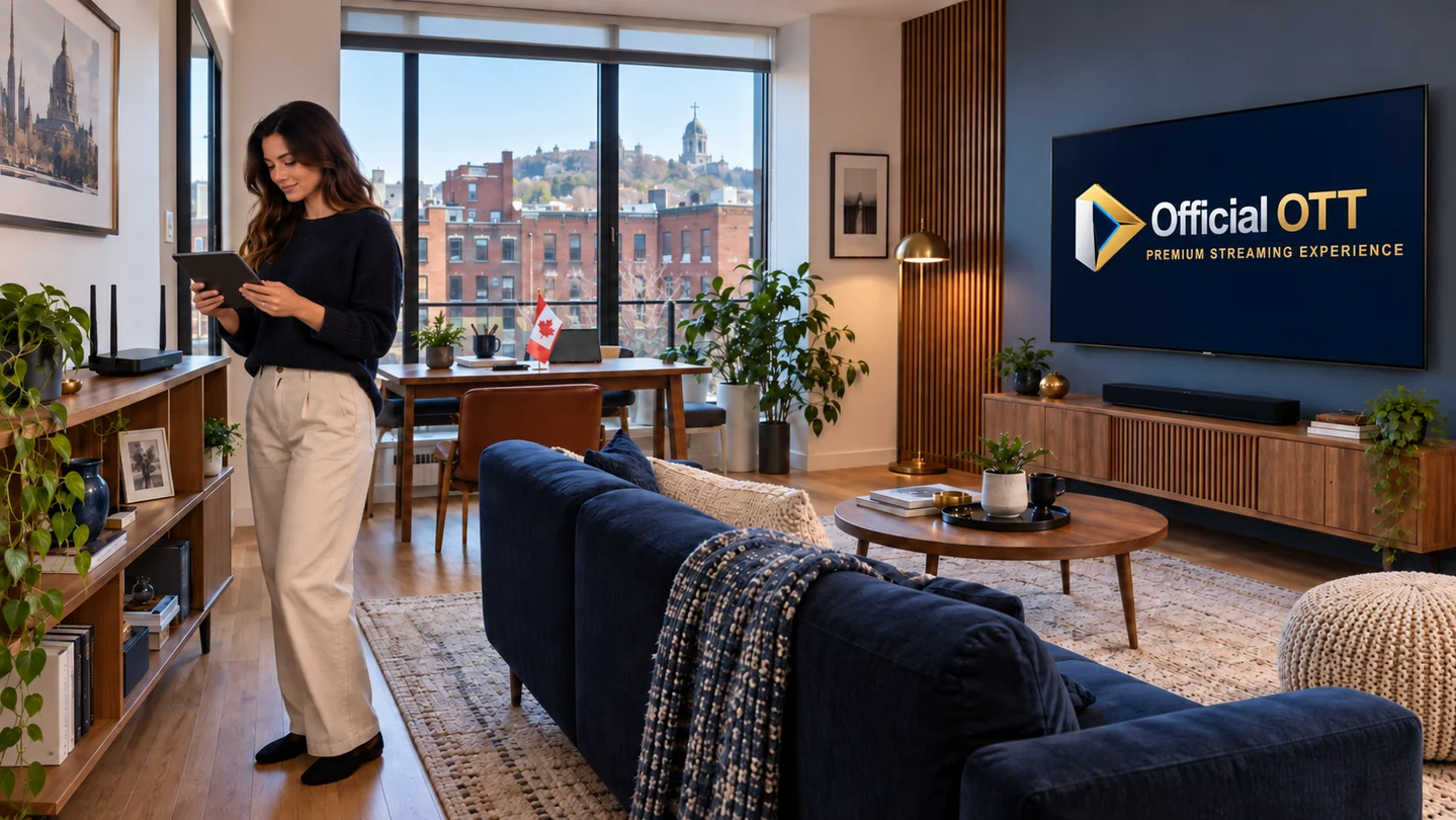 A person checks a tablet near an unobstructed router in a Montreal apartment, with an OfficialOTT television and Canadian flag.