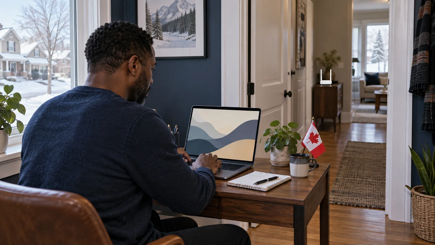 A person uses a computer in a room away from the router.